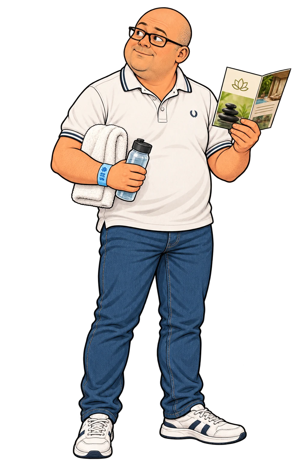 Paul examines the spa leaflet while holding a towel and water bottle