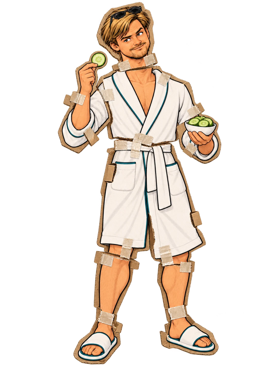 A visibly crooked cardboard replica of Stephen in a spa robe, badly held together with tape