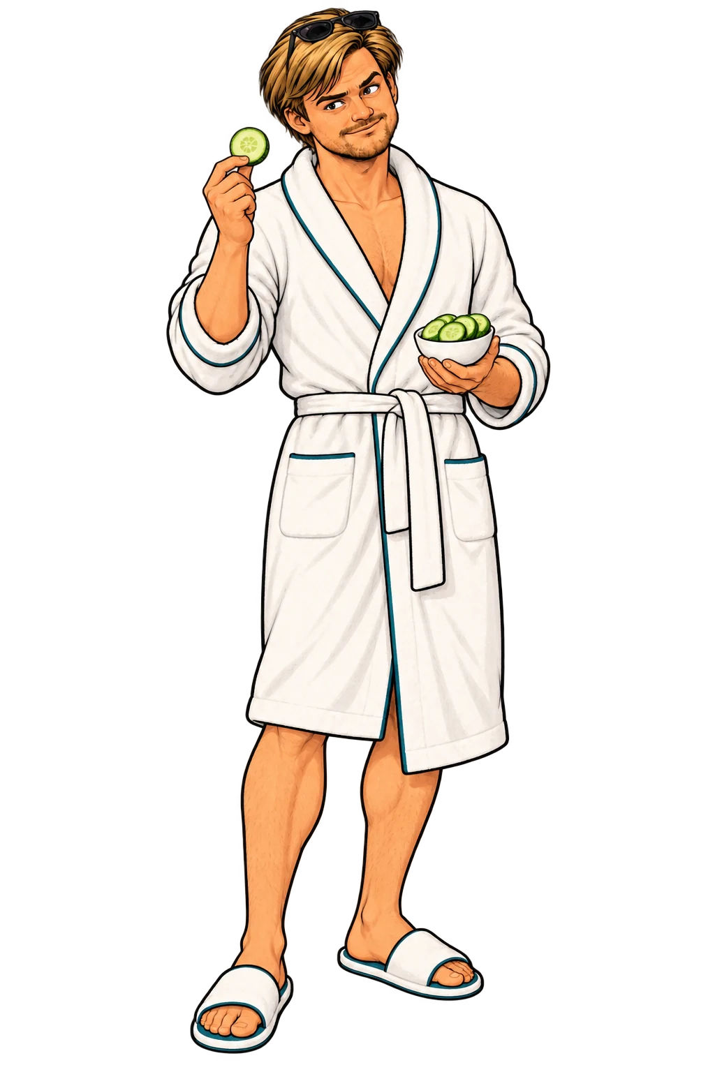 Stephen perfectly unharmed in a white spa robe, holding cucumber slices