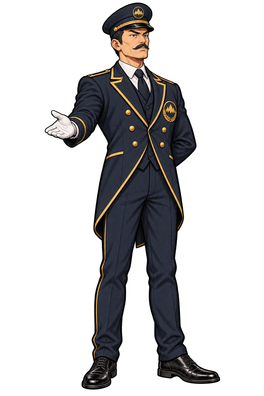 The stern Summit gatekeeper in a dark ceremonial uniform, presenting an open gloved hand