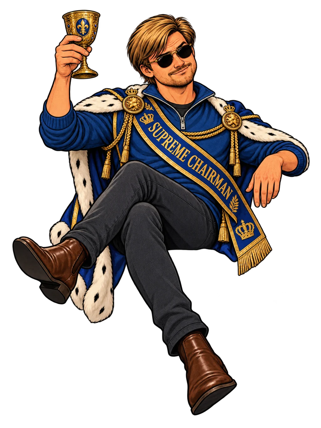 Stephen grinning on the throne in sunglasses and a blue chairman sash, holding a gold goblet aloft