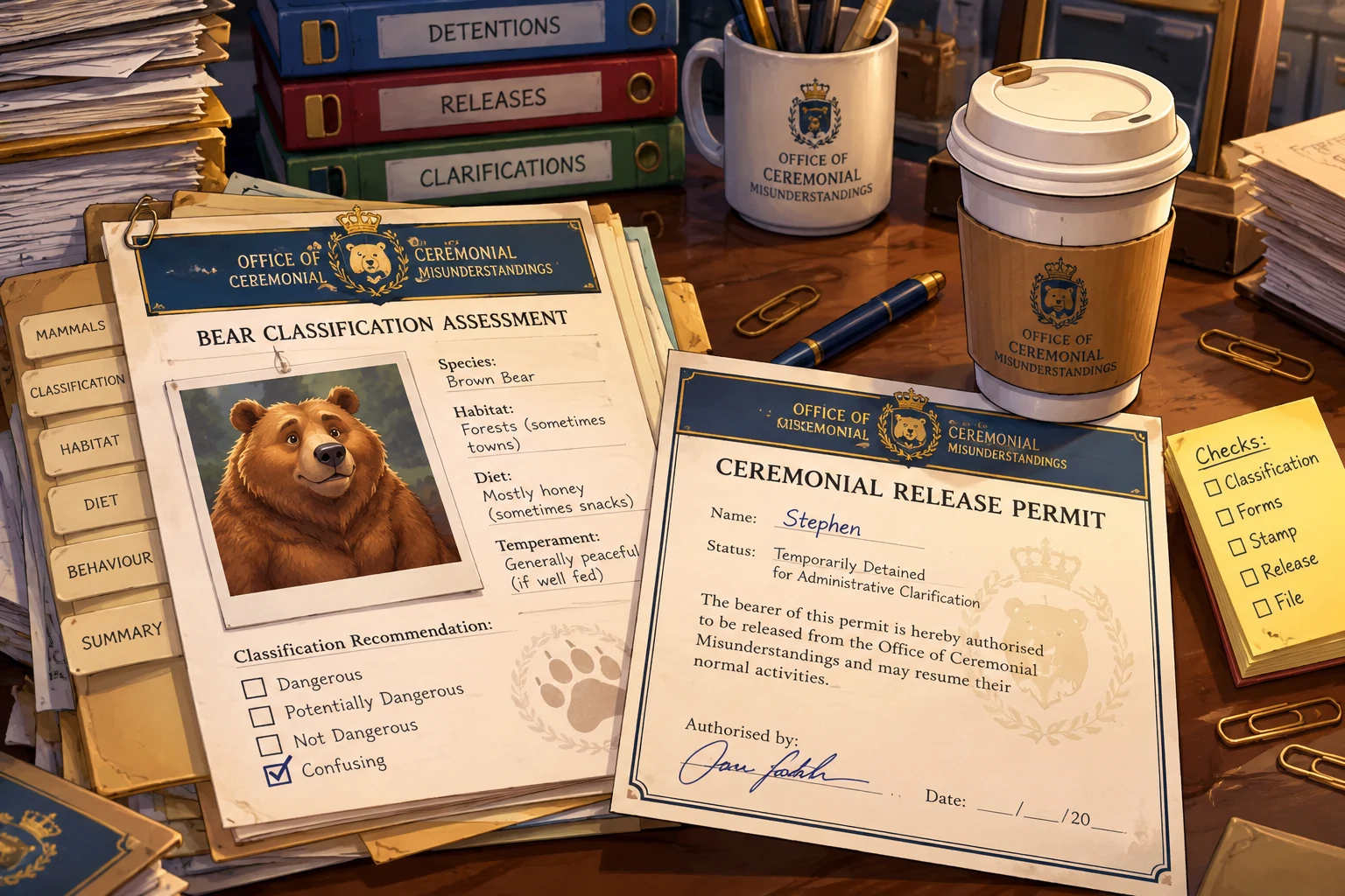 Approved desk artwork: bear classification paperwork, Stephen's release permit and Paul’s takeaway cup