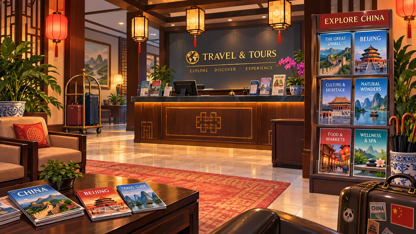 An empty, warmly lit fictional hotel visitor-information lobby with a brochure rack and reception counter